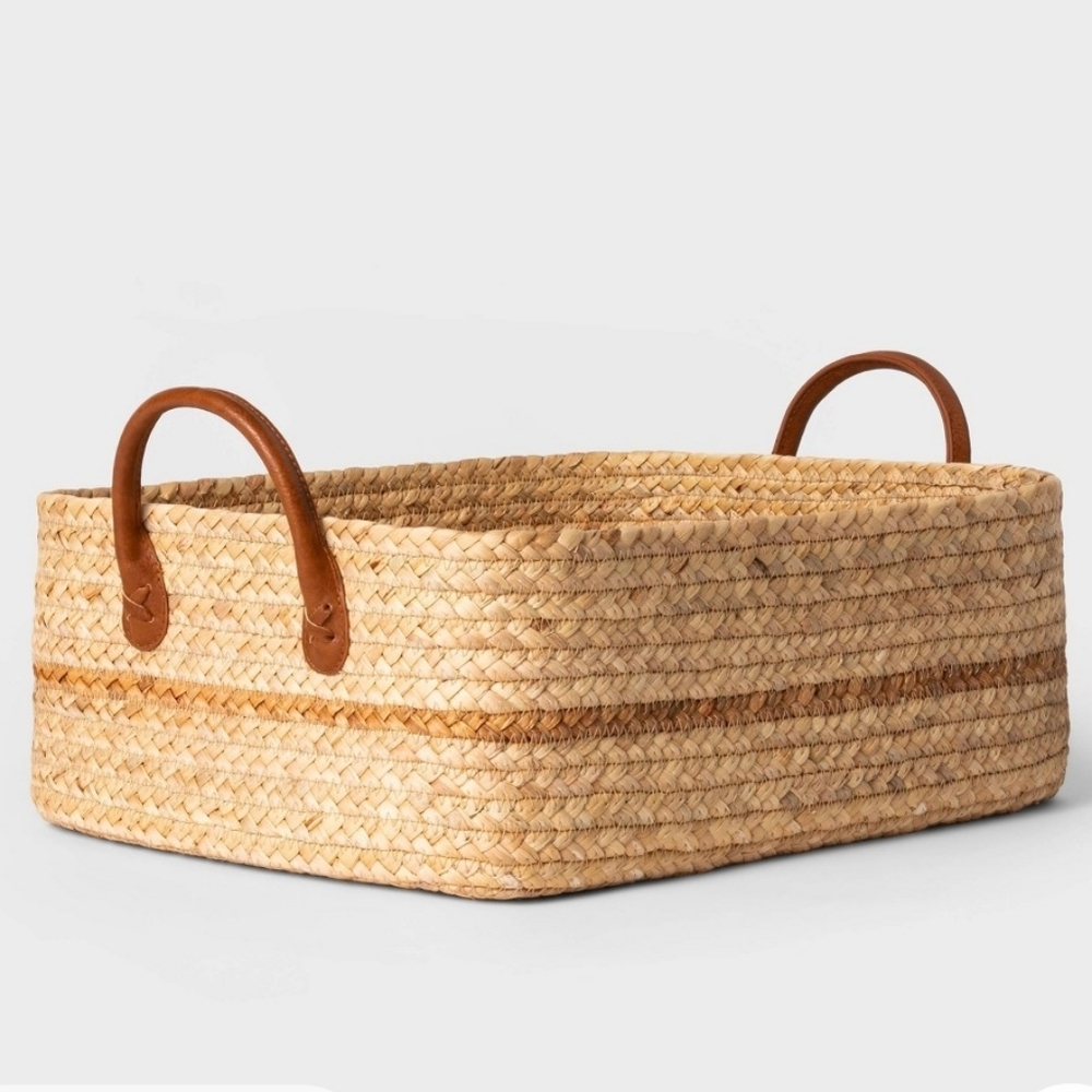 NWT! Threshold Tan and Brown Woven Basket with Faux Leather Handles